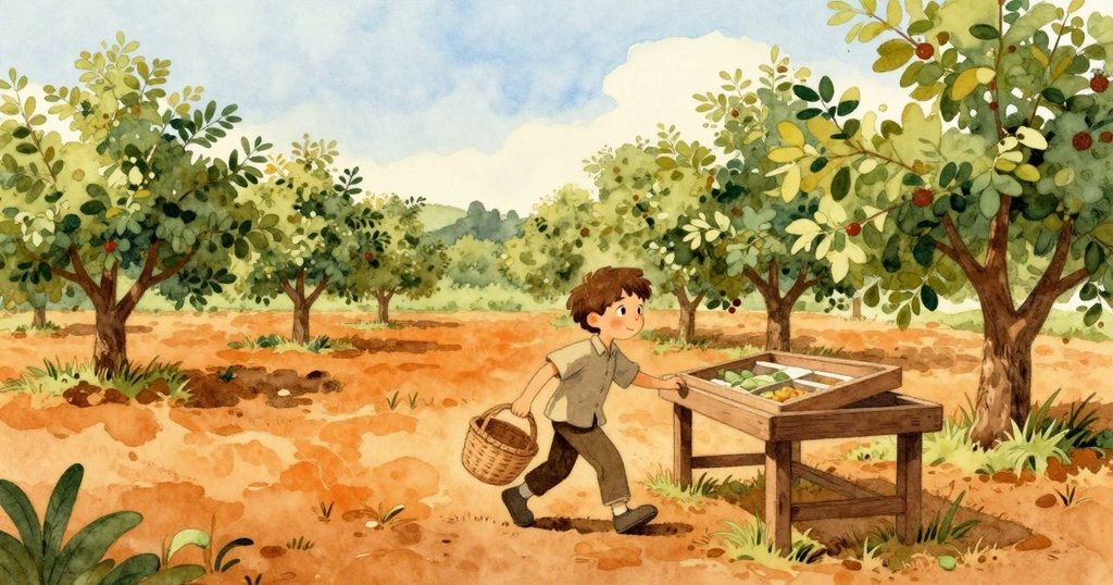 布萊爾提著滿載梨子的籃子走向整理桌，寬廣溫暖中午天空襯托下傳遞冒險完成的滿足感