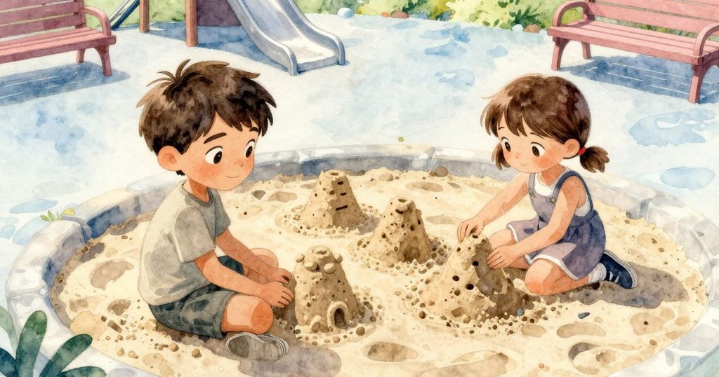 伊夫和格蕾塔在明亮操場的沙坑中合作製作隧道和斜坡，從上方俯瞰展現動作與快樂情緒