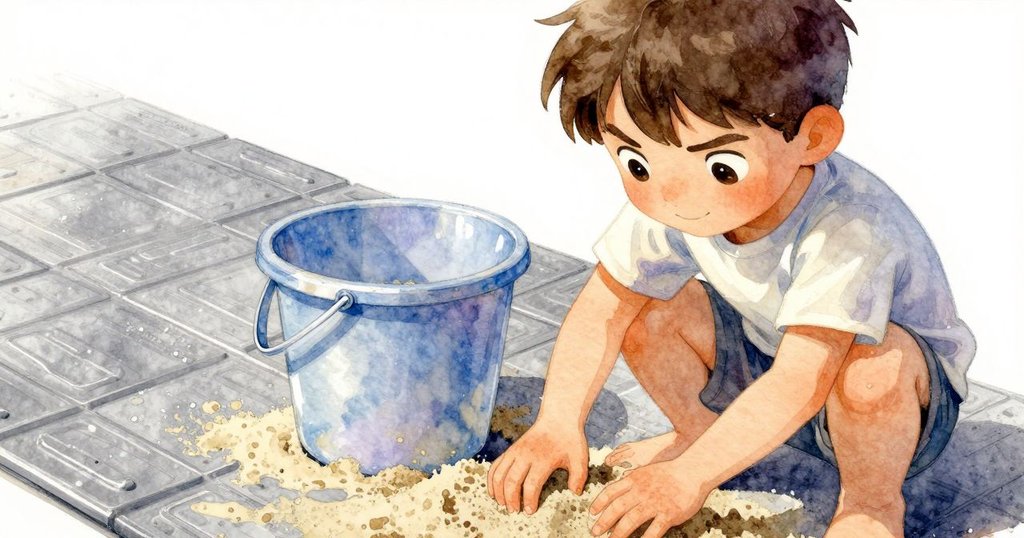 伊夫專注用塑料水桶在藍灰色防滑墊上調整沙拱，展現出專注與耐心的製作過程