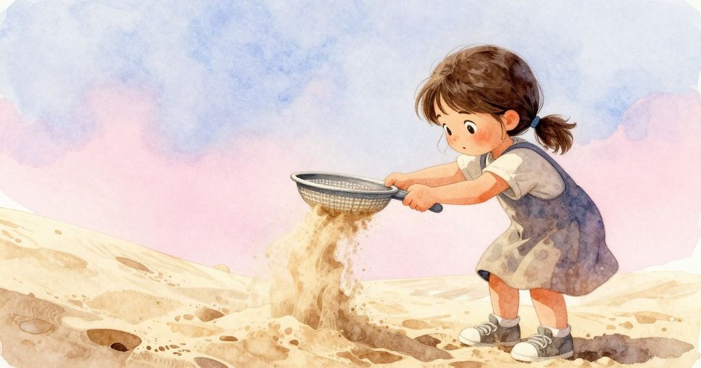 格蕾塔從背後聚精會神地用篩子倒沙調整斜坡，背景細膩呈現沙坑建構的過程與合作精神