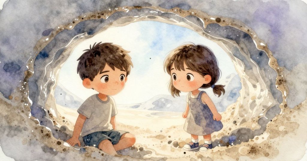 從下方近距離看見沙拱的內部，伊夫的手正在撥乾濕沙，濕沙透光效果展現沙廠內部的細節