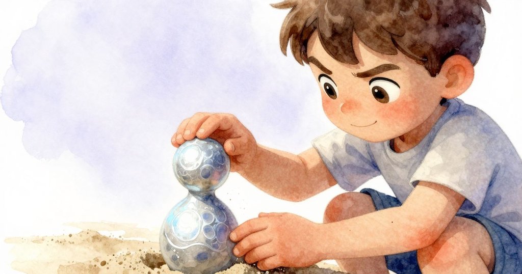 伊夫驚喜地清理隧道出口沙堆，發現一小塊黏土摩爾雕像，細膩光澤映出探索與驚奇情感