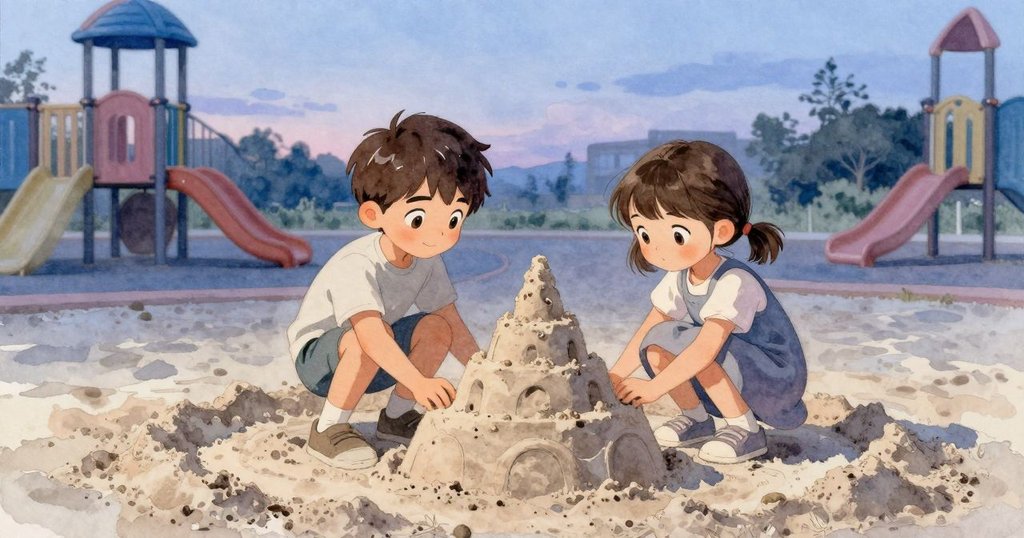 傍晚的操場上，伊夫與格蕾塔一同欣賞完成的沙坑工程，柔和光影中展現出同心協力與滿足感