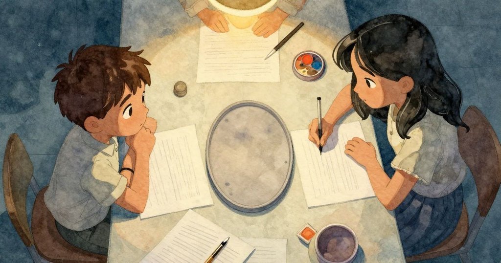 贊德與薩布在印刷中心忙碌創作，從上方觀察到散落報紙與大墨囊，情緒集中且充滿期待。