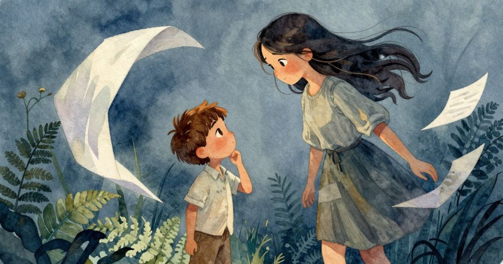 薩布的散頁被陣風捲起飛向墨面，贊德小心擺放蕨葉，畫面扭曲呈現動感與意外之美。