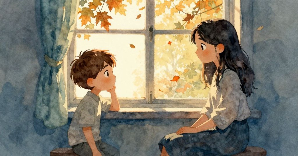 室內印刷中心透窗見秋光，落葉飄零，贊德與薩布在溫暖氣氛中專注創作，感受季節韻味。