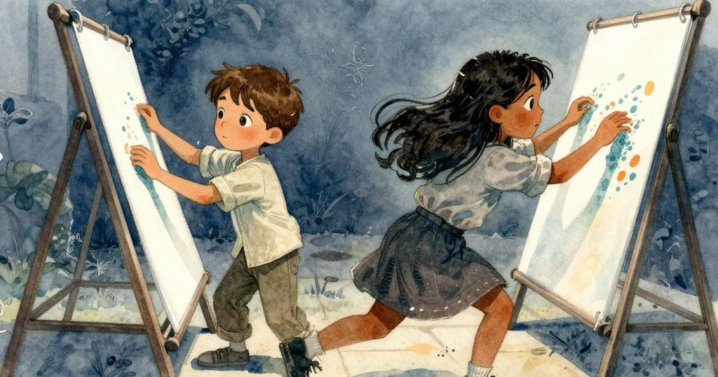 贊德急速伸手取晾架，薩布穩壓濕紙，動作迅捷展現共同創作活力，充滿青春律動與專注。