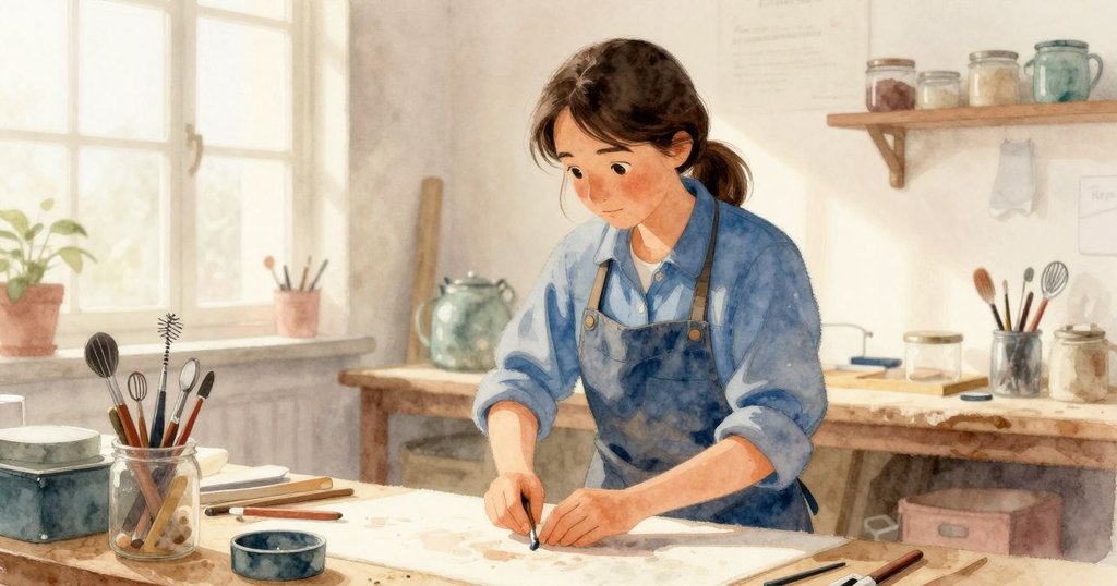 Bea正站在溫暖工作間，透過反光看見滿載工具的罐子和孤獨線切器，充滿期待與專注情緒的開始。