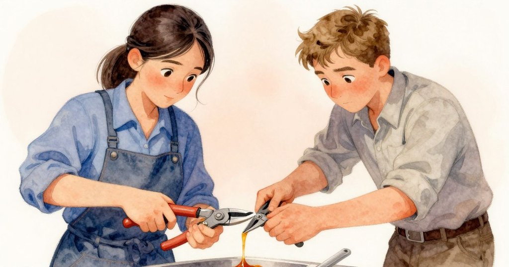 Bea正專注調整線切器，手上沾滿泥土與泥漿，近景顯示工具細節與溫暖氛圍。