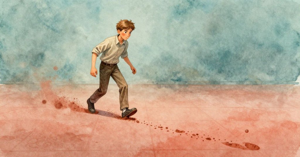 Miles從準備板邊緩步走過，鞋子在地板上揚起生銹塵跡，呈現出勤奮與堅定的氣息。