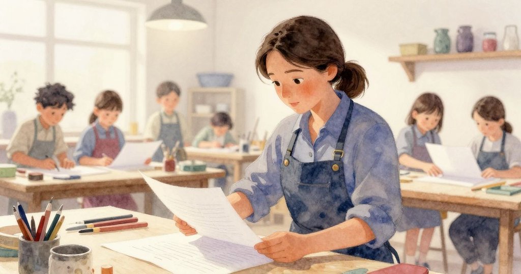 Bea凝視著摺疊的報紙剪影，上面淡化的經濟圖表和忙碌工作間交織，展現出現實與想像的融合。