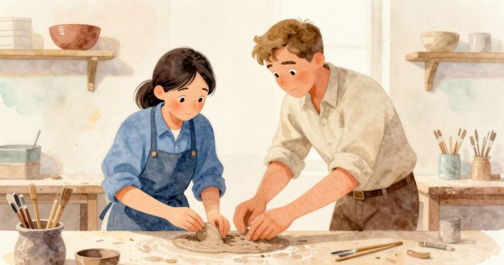 Bea與Miles在安靜的工作間重聚，泥盤順利滑向Miles手中，成品碗穩放架上，兩人臉上流露出滿意與放鬆。