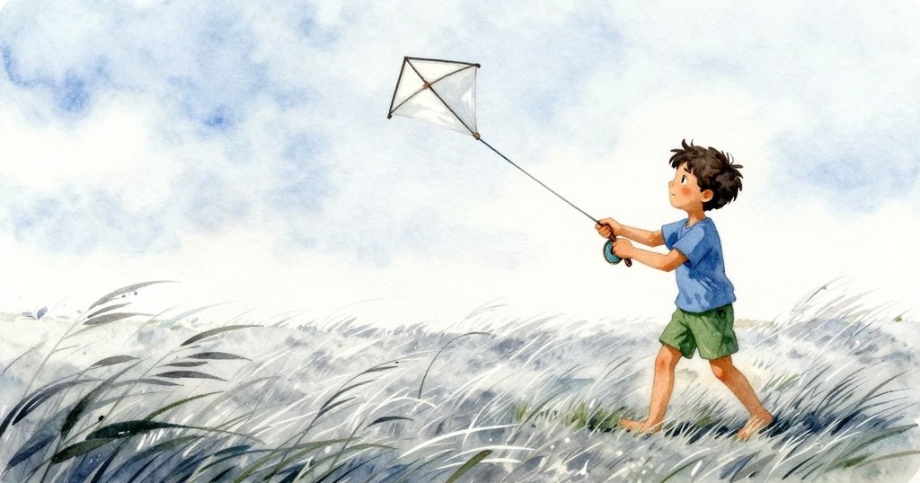 山姆在開闊草地上操作風箏線圈，目光堅定迎向灰色天空中高飛的風箏，充滿冒險氣息。