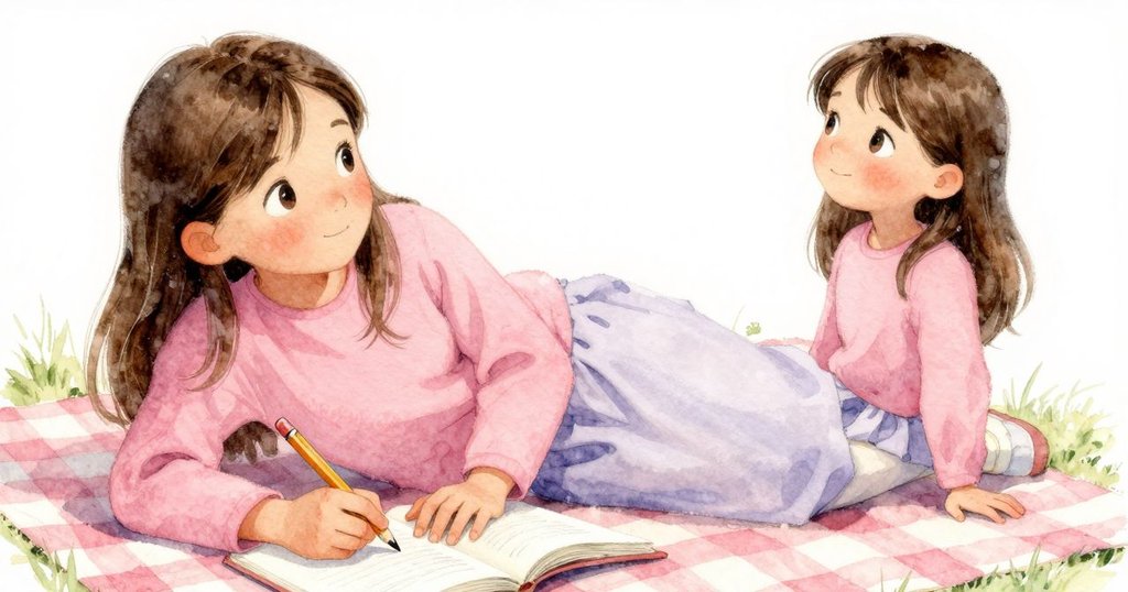 凱從毯子旁抬頭望向天空，專注於手中的鉛筆和半開的畫冊，滿懷創意與期待。