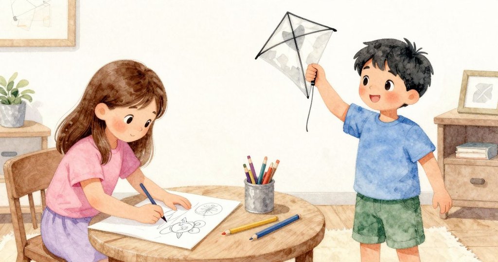 凱在溫馨的創意房中整理畫作，山姆帶著風箏線圈走入室內，兩人共享解決難題的靈感。