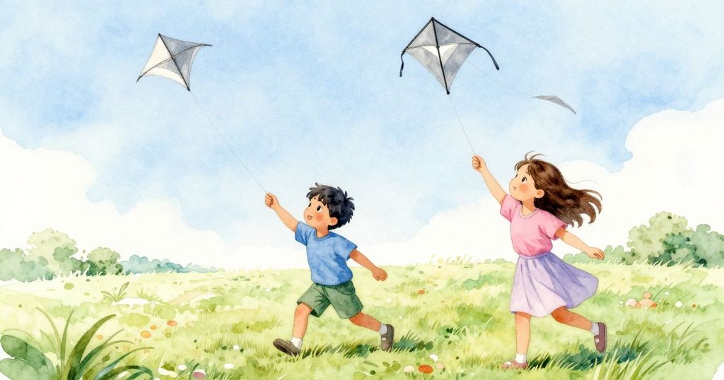 山姆和凱在寬闊草地上歡慶風箏高飛，臉上洋溢著成功與快樂，充滿活力與希望。