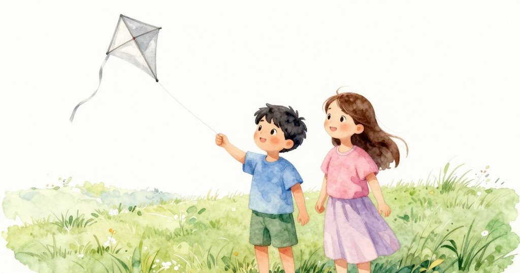 山姆與凱在平靜的草地上重聚，風箏穩定飄揚，兩人流露出溫暖與滿足的笑容，結束一天的冒險。