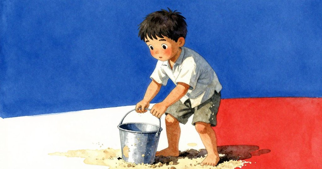 Grey 正在傾斜角度中用粗糙沙子填充破損桶子，表情略帶痛楚，背景為濕潤沙灘，情節開端