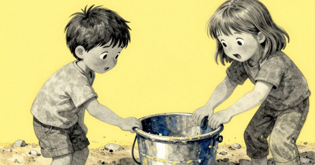 Grey 的手正輕觸破損桶子邊緣，展示沙子與缺陷變細節的特寫畫面，情節推進