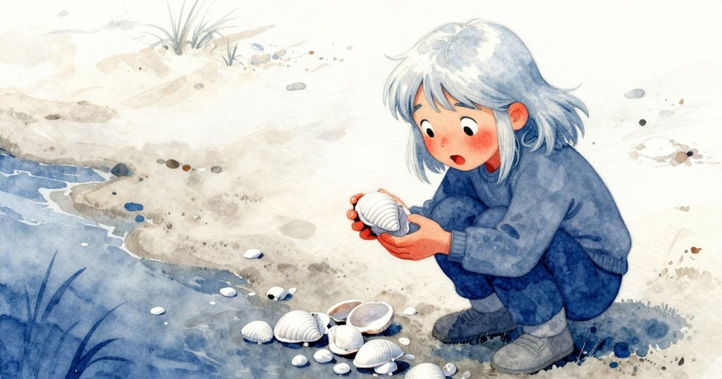 Raine 蹲在潮濕沙溝邊，小心拾取閃亮貝殼，從隱藏視角觀察，表情專注，情節發展中