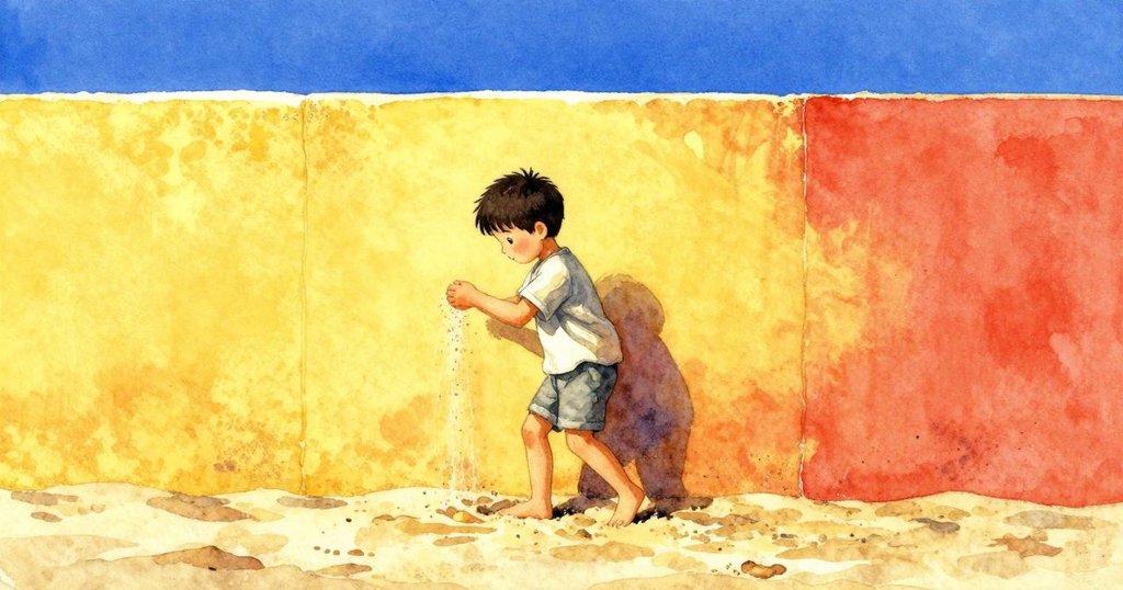 Grey 正在溫暖下午的沙灘上行走，輕灑沙粒至未完成牆面，展現流動動感，情節逐漸深入