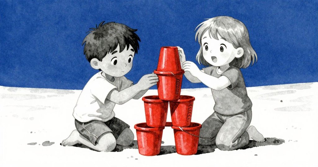 Grey 正在精心製作帶隱藏門狀裂縫的沙塔，Raine 在旁防護，兩人表情滿足，展現團隊協作結局