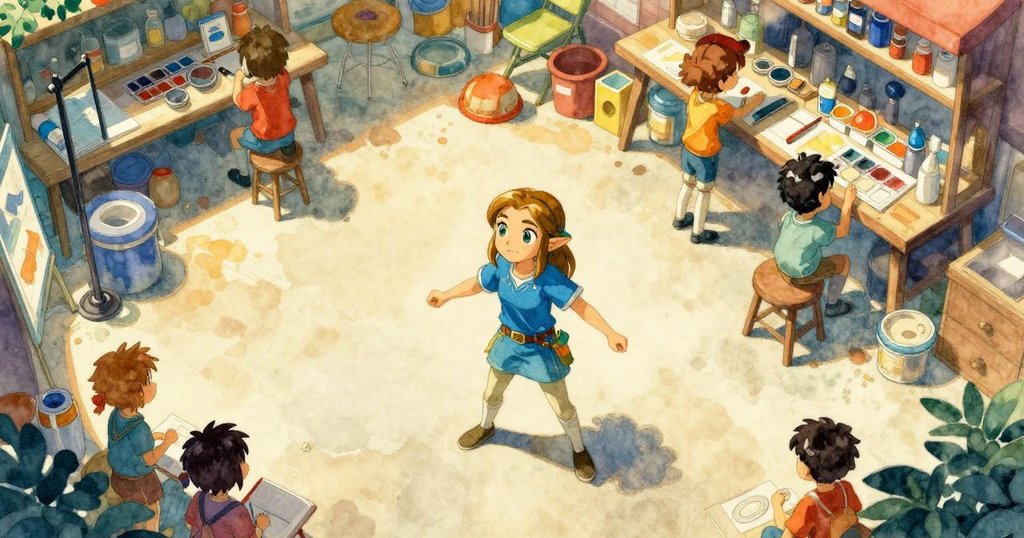 Zelda在油漆供應區中蹲下觀察，一片閃亮的油漆圈映襯著散落桶與梯子，場景充滿活力