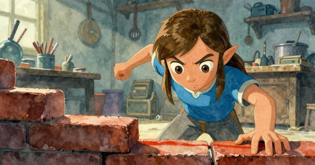 Zelda從堆疊物間偷偷窺視，專注目光盯住牆上滲出的紅色污跡，背景隱約顯現同學忙碌身影