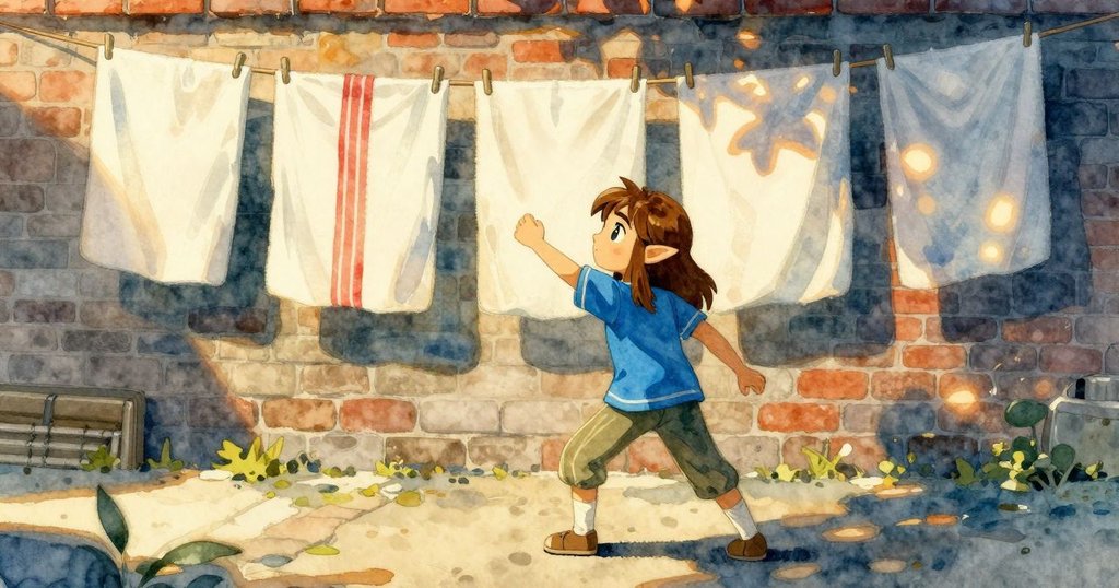 黃昏時分，Zelda走向戶外觀察紅色條紋乾燥於磚牆上，溫暖陽光與拉長陰影營造寧靜氛圍