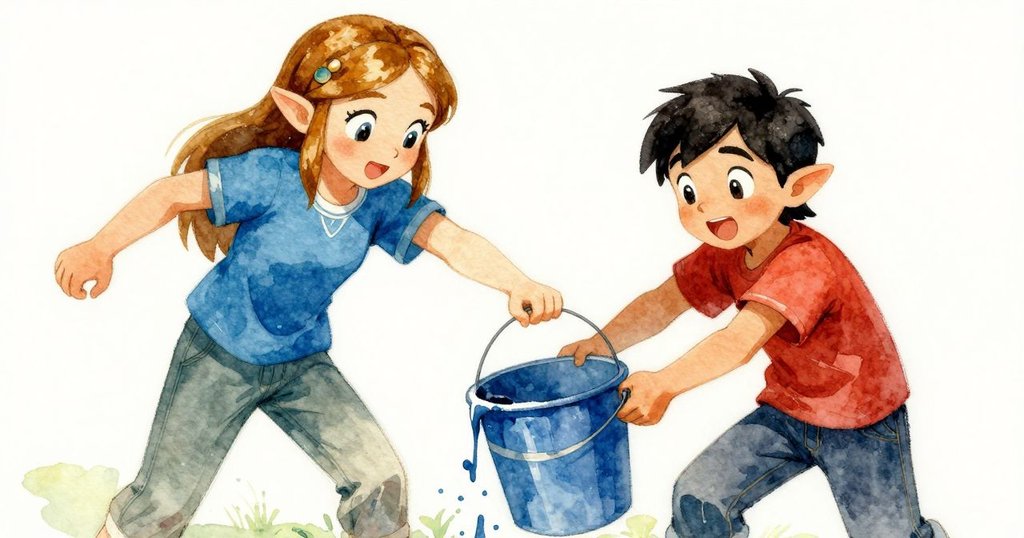 突如其來的瞬間，Yves因藍桶傾斜與油漆流動驚呼後退，Zelda迅速伸手介入，現場充滿緊張動感