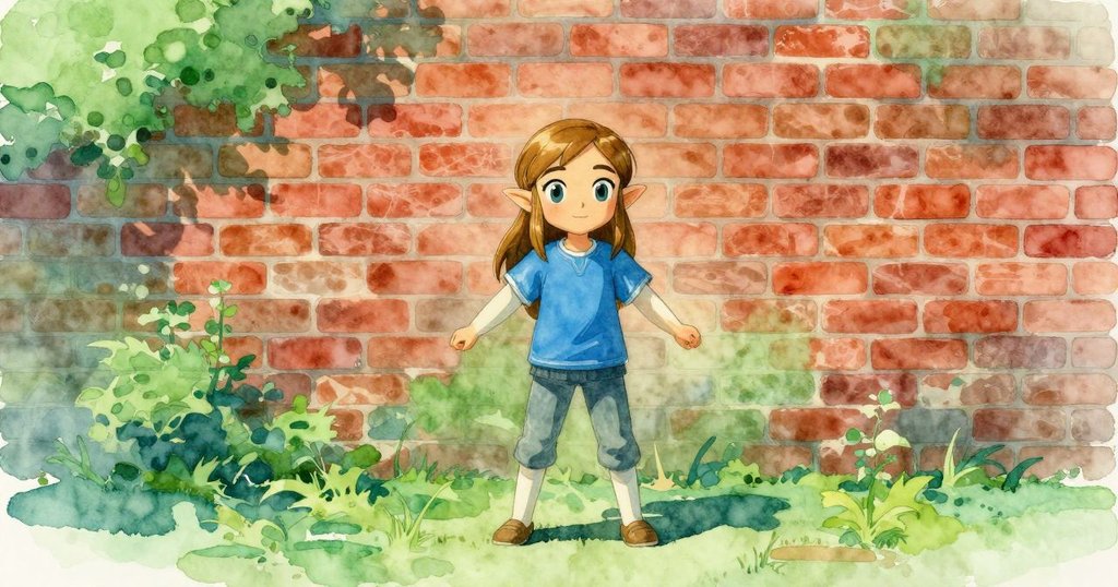 Zelda以鎮定神情完成修補，滾上新鮮綠漆覆蓋牆上痕跡，恢復和諧平靜氣氛，油漆桶安靜搖晃