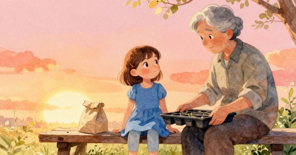 莉莉與爺爺坐在溫暖長椅上，陽光照耀下的托盤和紙袋展現種子軌跡，臉上流露期待與平靜，故事開始。