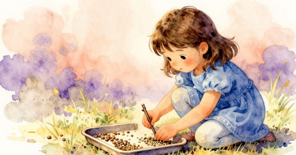 莉莉正用細樹枝輕撥托盤上灑落的米粒，紙袋與種子形成鮮明對比，神情專注，進入故事發展。