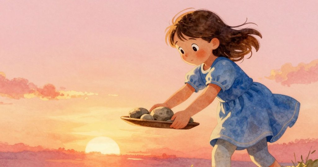 莉莉從低角度視角中出現，小心翼翼地將溫暖石頭放在托盤上，種子開始平衡，螞蟻活躍爬行，決心展露無遺。