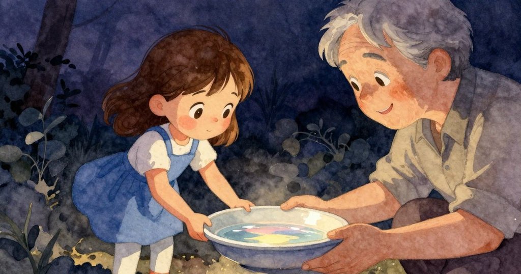 空的水盤透過柔和光線反射傍晚天空與周邊景物，細看時呈現水下沈浸感，敘事漸趨深邃。