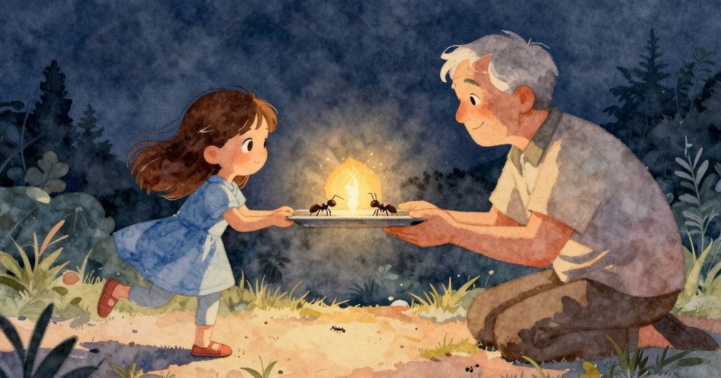 夜晚陰影拉長，莉莉與長輩溫情對望，托盤平衡種子穩定，螞蟻悠然爬行於木板上，故事溫馨結尾。