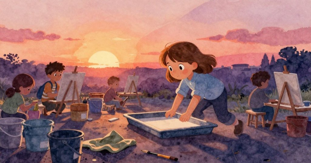 史黛拉在充滿色彩桶與遮布的畫室中伸手觸摸空刷盤，夕陽餘暉下環境充滿創作期待