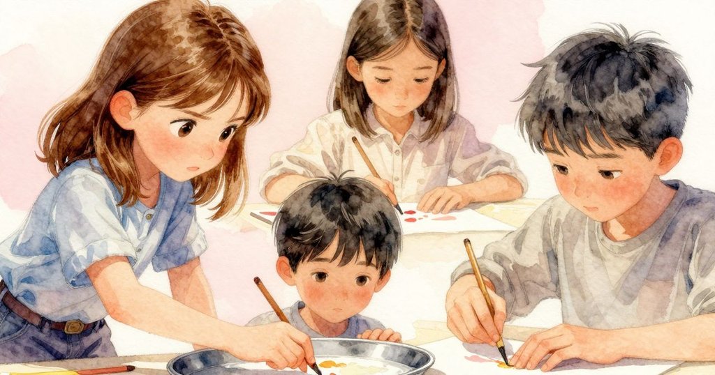 史黛拉輕觸金屬托盤邊緣，專注目光掃視色彩豐富的遮布，神情透露著創作決心