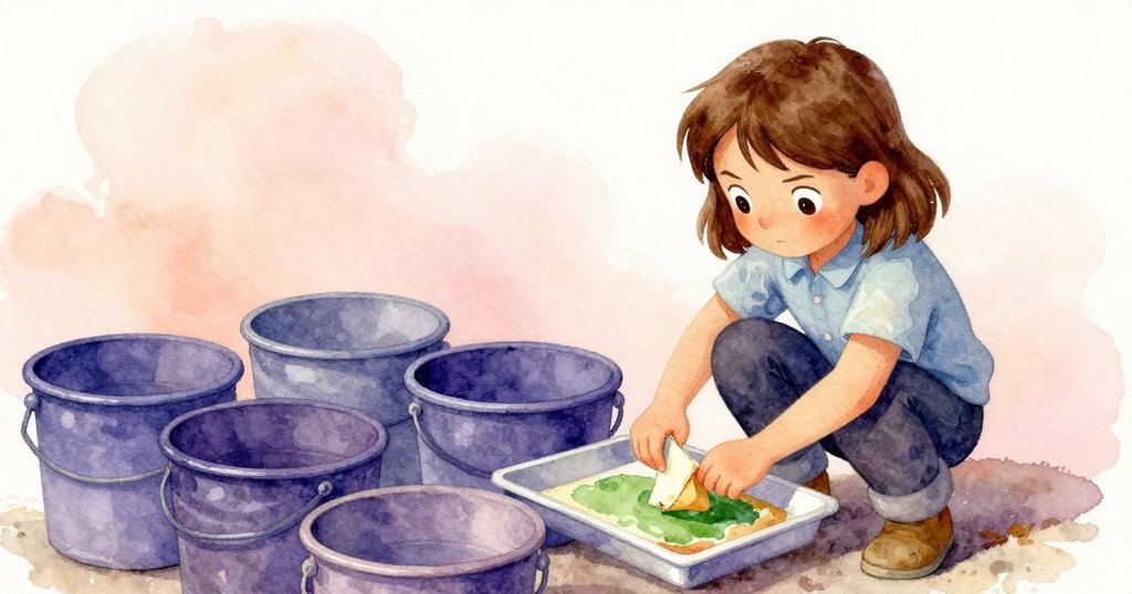 史黛拉蹲在彩色桶後，細心揭開第二盤乾漆層，找出珍貴的綠色油漆，隱秘空間中充滿探索感