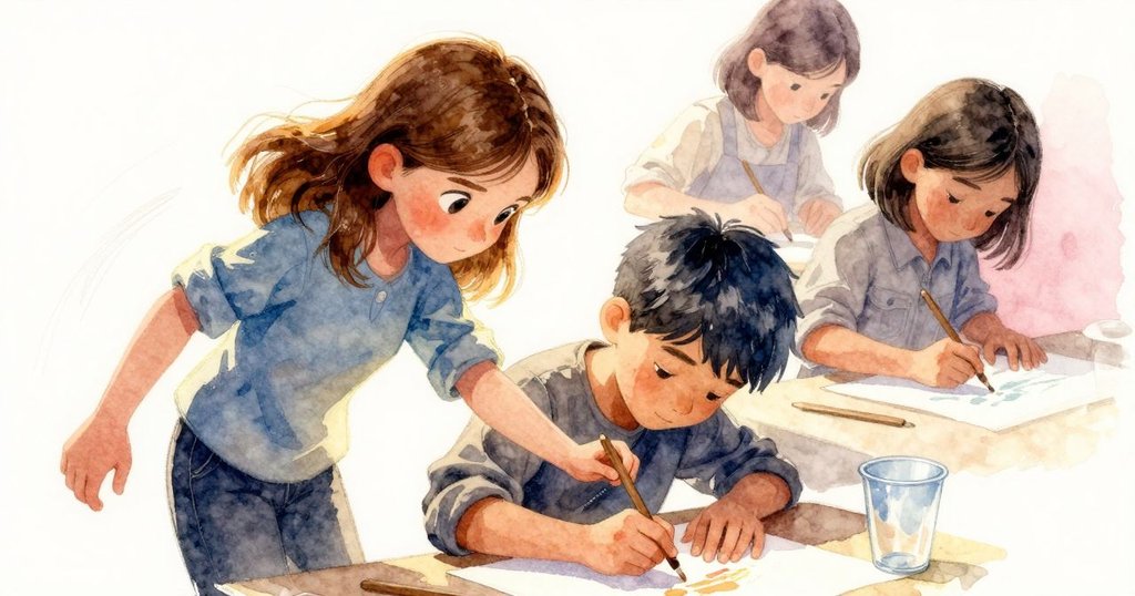 史黛拉的手肘輕碰木攪棒，推動塑膠杯在遮布上搖晃，動態互動中流露出創作時的趣味與意外