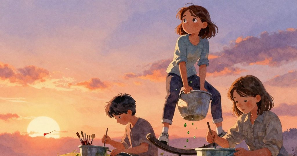 史黛拉穩住身形抵抗搖晃桶影響，綠油漆滴落鞋邊，遠處娜迪亞與格雷動作映襯，場景漸進平靜