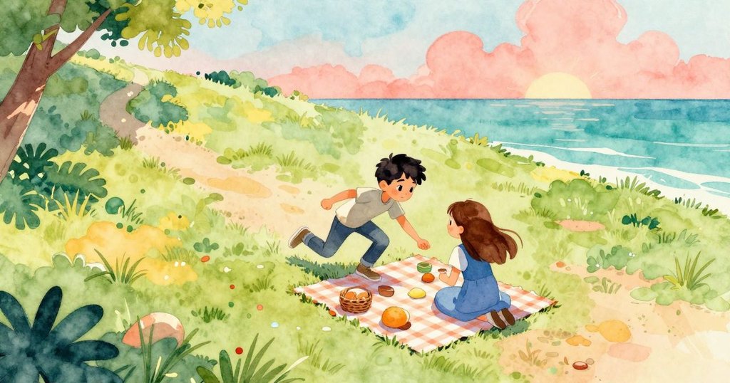 奎因與薇奧拉在斜坡公園中忙碌準備野餐，狗狗奔跑，場景充滿明亮色彩與動感。