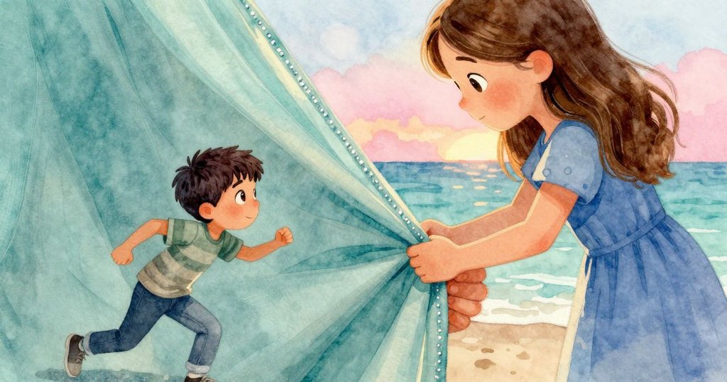 奎因的手仔細調整野餐毯上細緻的縫線，布料觸感清涼且邊緣閃爍陽光溫暖光芒。