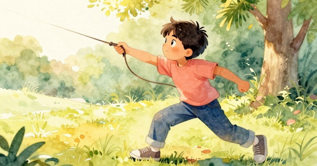 奎因從低角度展現奮力追逐牽繩的動作，臉上流露出堅定神情，公園斜坡背景生動活潑。