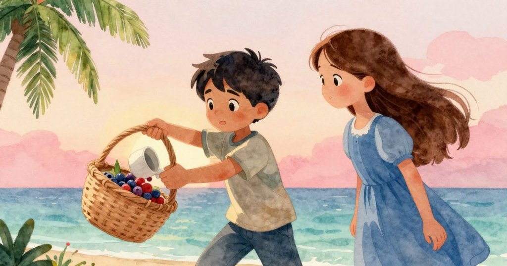 柔和懷舊色調中，籃子輕觸塑膠杯導致漿果碗翻倒，呈現溫暖而稍縱即逝的混亂瞬間。