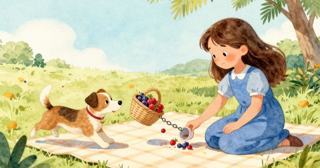 狗追逐松鼠引發連鎖反應，籃子碰倒杯子，漿果灑落，薇奧拉迅速用餐巾吸收果汁，場面生動。