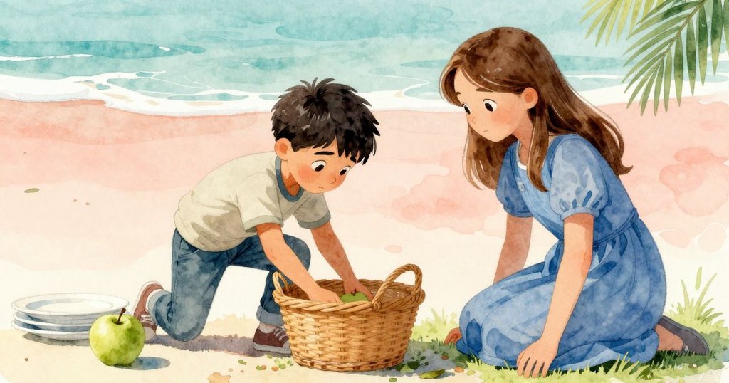 奎因穩固籃子與野餐擺盤，薇奧拉細心處理潑出果汁，綠蘋果緩緩滾動象徵希望平衡，場景祥和。