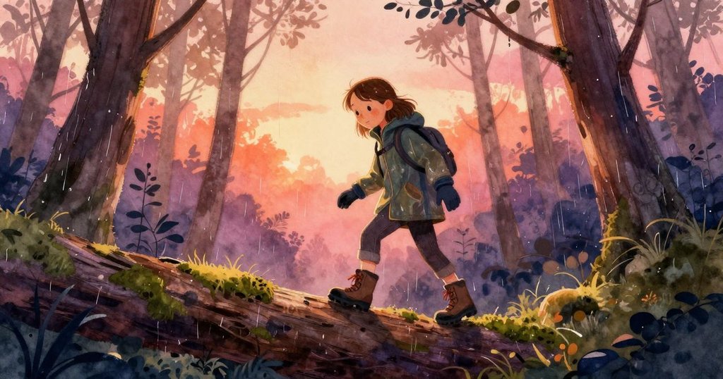 Ilsa 小心踏上覆苔蘚的粗樹幹，走進雨林入口，臉上帶著堅定期待，背景雨霧朦朧且充滿生機