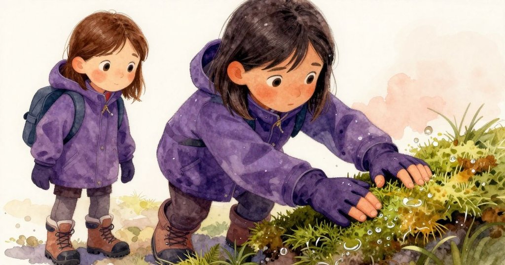 Ilsa 的手套觸碰濕潤苔蘚，細節清晰見水珠閃爍，畫面溫柔展現大自然紋理