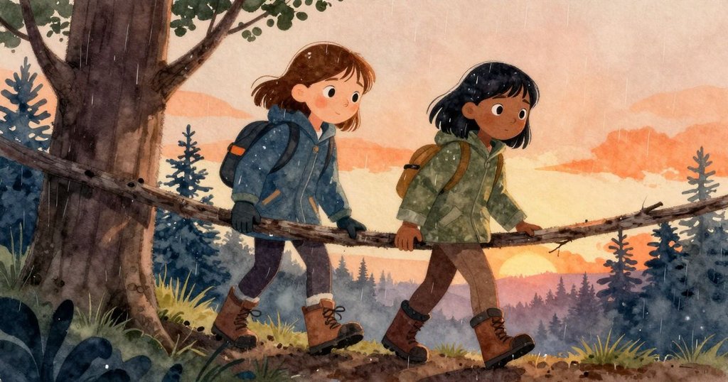 兩女孩在樹幹旁發現堅實土帶，Bea擺放樹枝作為扶手，Ilsa謹慎前行，表情充滿決心